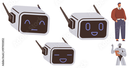 Artificial intelligence, robotics, teamwork, digital interaction, emotional recognition, AI technology. Various chatbots with emotive faces and a human interacting with a robot. Artificial