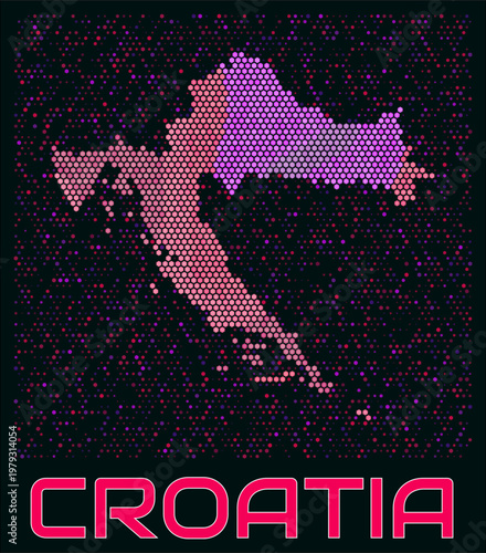 Croatia digital style hexagon map. Vibrant magenta purple pink neon dotted shape. Country tiny bright hexagon cells. Croatia honeycomb map design. Elegant Vector Illustration.