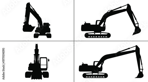 Excavator silhouettes collection, construction machinery icons, heavy equipment design, digger illustration, industrial vehicle graphic, tracked excavator art, engineering transport vector