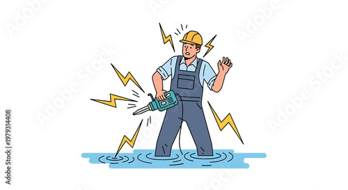 Construction worker experiencing electric shock while standing in water with power tool.