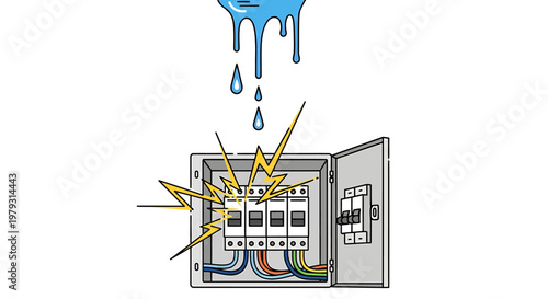 Water dripping onto an electrical panel causing sparks and a short circuit.