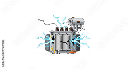 Electrical Transformer with Lightning Bolts Illustrating Power and Energy.