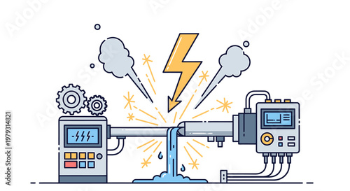 Industrial Machine Malfunction with Leaking Pipe and Electrical Spark.