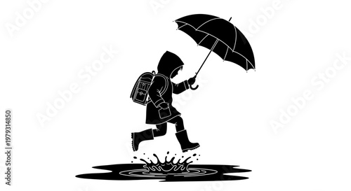 Child with umbrella jumping over puddle silhouette