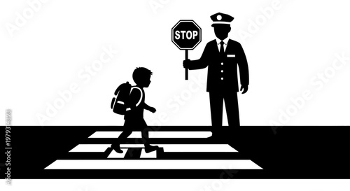 Pedestrian crossing safety illustration child crossing crosswalk policeman holding stop sign
