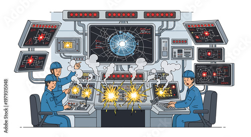 Control Room Operations with Multiple Technicians Monitoring Advanced Systems.