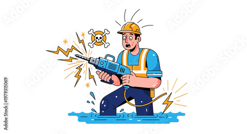 Electrician in danger with faulty power tool.