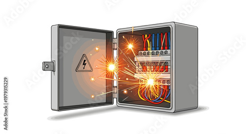 Electrical hazard warning sign on open junction box with sparks.