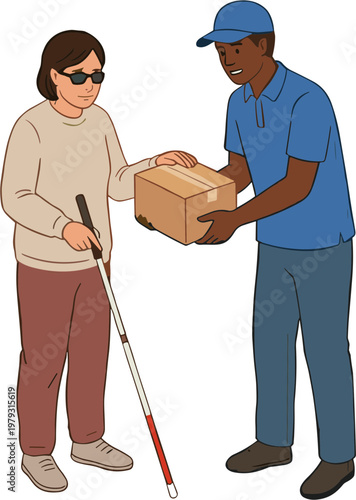 A delivery man handing a package to a visually impaired woman with a cane.