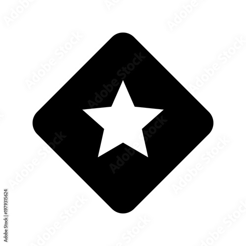 Black diamond shaped icon with a white star on white background