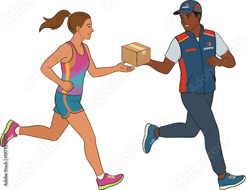 Woman in sports attire receives package from delivery man while running.