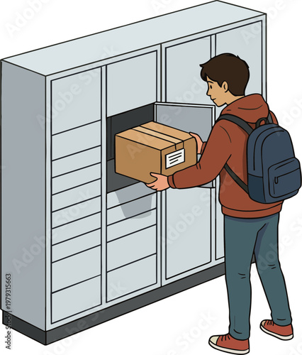Man deposits package into automated locker compartment indoors