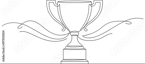 Elegant continuous line art drawing of a gold trophy cup with decorative swirls representing victory success achievement and first place winning concept.