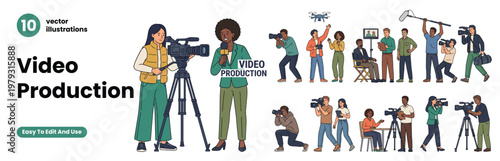 Video Production and Filming Concept. Camera Operators, Journalists, Photographers, Director with Equipment. Media and Broadcasting Set. Flat Vector Illustrations Isolated on White Background