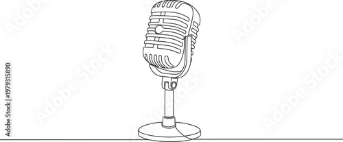 Vintage retro microphone continuous line art drawing for podcasting broadcasting music recording and media streaming minimalist vector illustration on white background.
