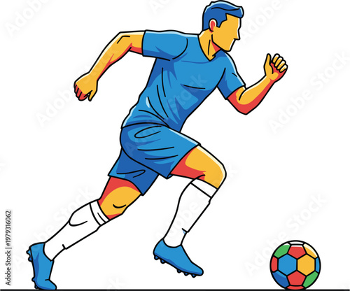 soccer player in blue uniform running with colorful ball representing sports competition fitness activity and athletic performance vector illustration