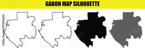 Photos Gabon map silhouette design kit with black country shapes and thin outline vectors including halftone dot styles