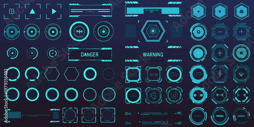 Futuristic user interface elements and digital warning symbols on dark background