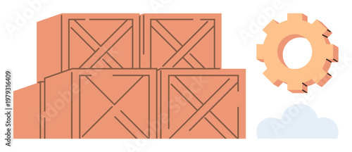 Logistics, manufacturing, storage organization, supply chain, inventory management, transportation. Wooden crates stacked with gear cog and cloud. Logistics and manufacturing concepts
