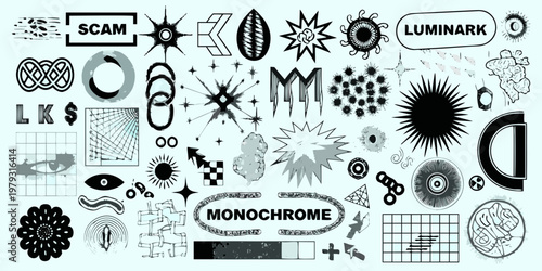 Abstract collection of monochrome shapes patterns and text elements