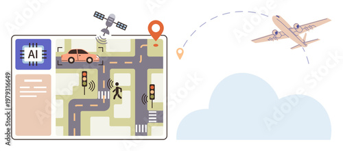 Smart cities, AI navigation, autonomous technology, geolocation mapping, mobility solutions, futuristic transport. A schematic of AI map with cars, satellite and airplane. Smart cities and AI
