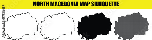 North macedonia map silhouette pack featuring black vector shapes with outline versions and dotted grid patterns.