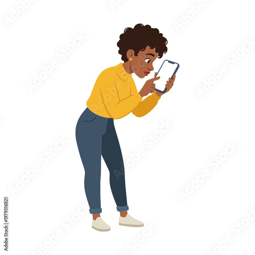 A woman is surprised while looking at her tablet indoors.