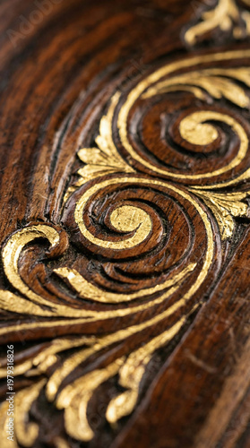 Intricate Wood Carving with Gold Accent on Vintage Furniture Surface Detail