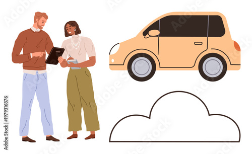 Business planning, teamwork, car rental services, transportation, cloud storage, technology collaboration. Two people interacting with a tablet, car and cloud shape in a composition. Teamwork