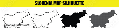 Slovenia map silhouette collection with clean outlines and black shapes plus stylish halftone dot vector designs.