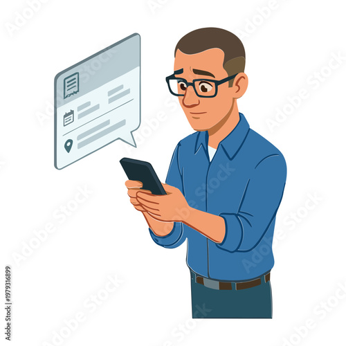 Man reading message on phone with speech bubble nearby indoors