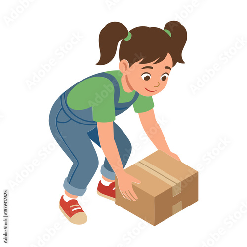 A girl in overalls is lifting a cardboard box with effort.