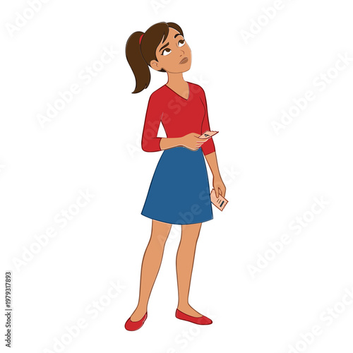 Woman wearing red shirt and blue skirt looking sideways with a pencil