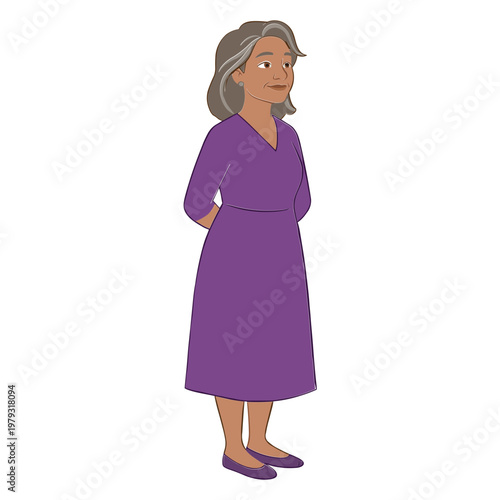 An elderly woman wearing a purple dress stands with her hands behind her back.