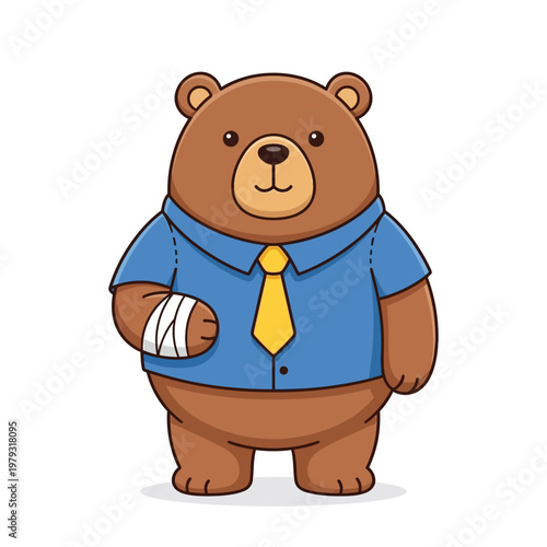Cartoon brown bear wearing a blue shirt and yellow tie with a bandaged arm on white background