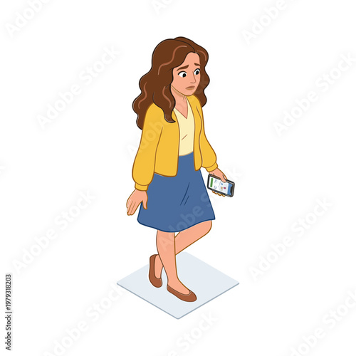 A woman walks forward on a square platform holding a phone.