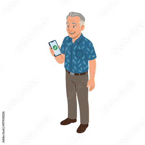 A smiling older man stands and holds a smartphone with a green logo.