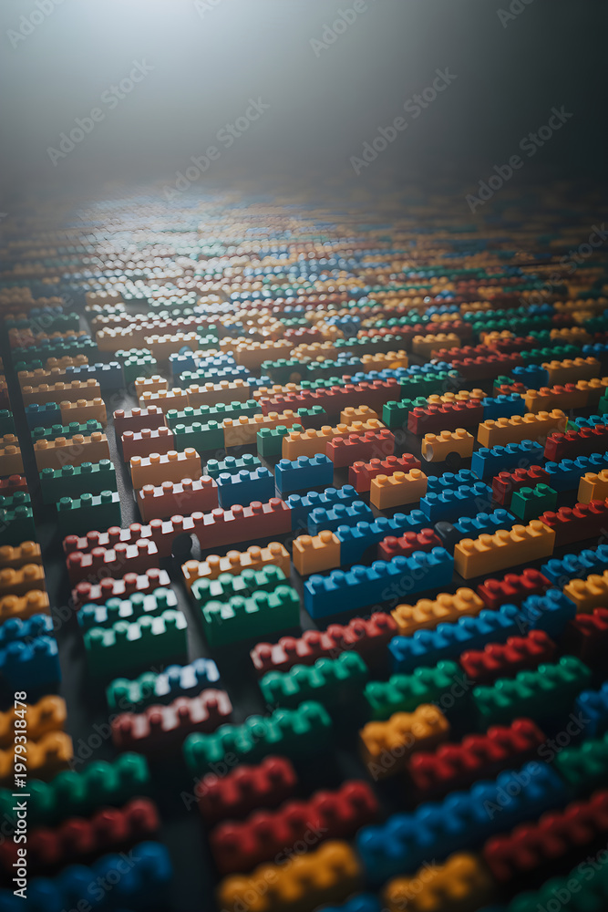 Fototapeta premium LEGO pieces arranged in concentric rows with irregular rhythm and spacing creating pulsating abstract background