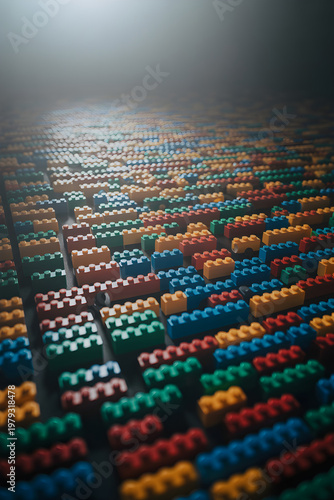 LEGO pieces arranged in concentric rows with irregular rhythm and spacing creating pulsating abstract background