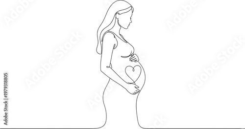 Minimalist continuous line art drawing of a pregnant woman with a heart on her belly representing motherhood pregnancy prenatal care and maternal love.