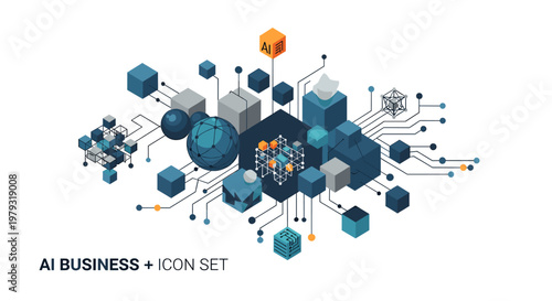 Modern graphic showcasing artificial intelligence in business. Ideal for illustrating innovation, technology, and the future of work in marketing mate