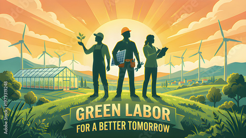 Green Labour Day Poster: Sustainable Agriculture and Renewable Energy Workers Silhouettes at Sunrise