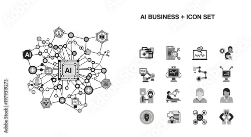 A monochrome illustration depicting a person within a network, conveying concepts of connection, collaboration, and integration for business or techno