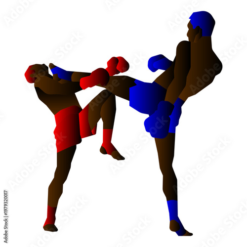 Two Muay Thai fighters in action, blue fighter delivering a high kick to the opponent's head.