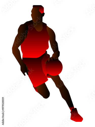 Dynamic silhouette of a basketball player in red gradient jersey dribbling a ball, isolated on white background.