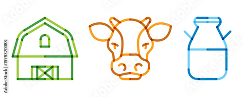 Set of modern colorful line icons representing dairy farming: a green barn, an orange cow head, and a blue milk can.