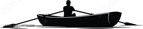 Man rowing boat silhouette on water, rowing and outdoor activity concept, fisherman or traveler in boat, minimal black and white illustration for nature design