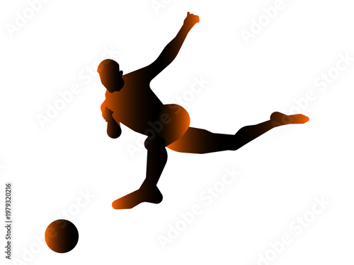A stylized gradient silhouette of a soccer player mid-air, attempting an acrobatic volley kick, with the ball positioned in front on a clean white background.
