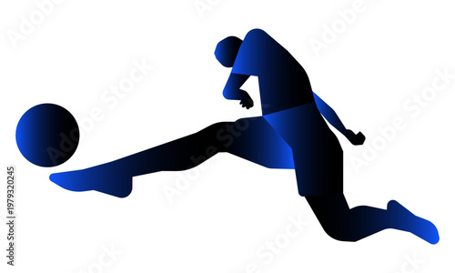 Blue gradient silhouette of a soccer player performing a powerful dynamic kick.