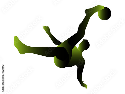 Green gradient silhouette of a soccer player performing a bicycle kick isolated on a white background.